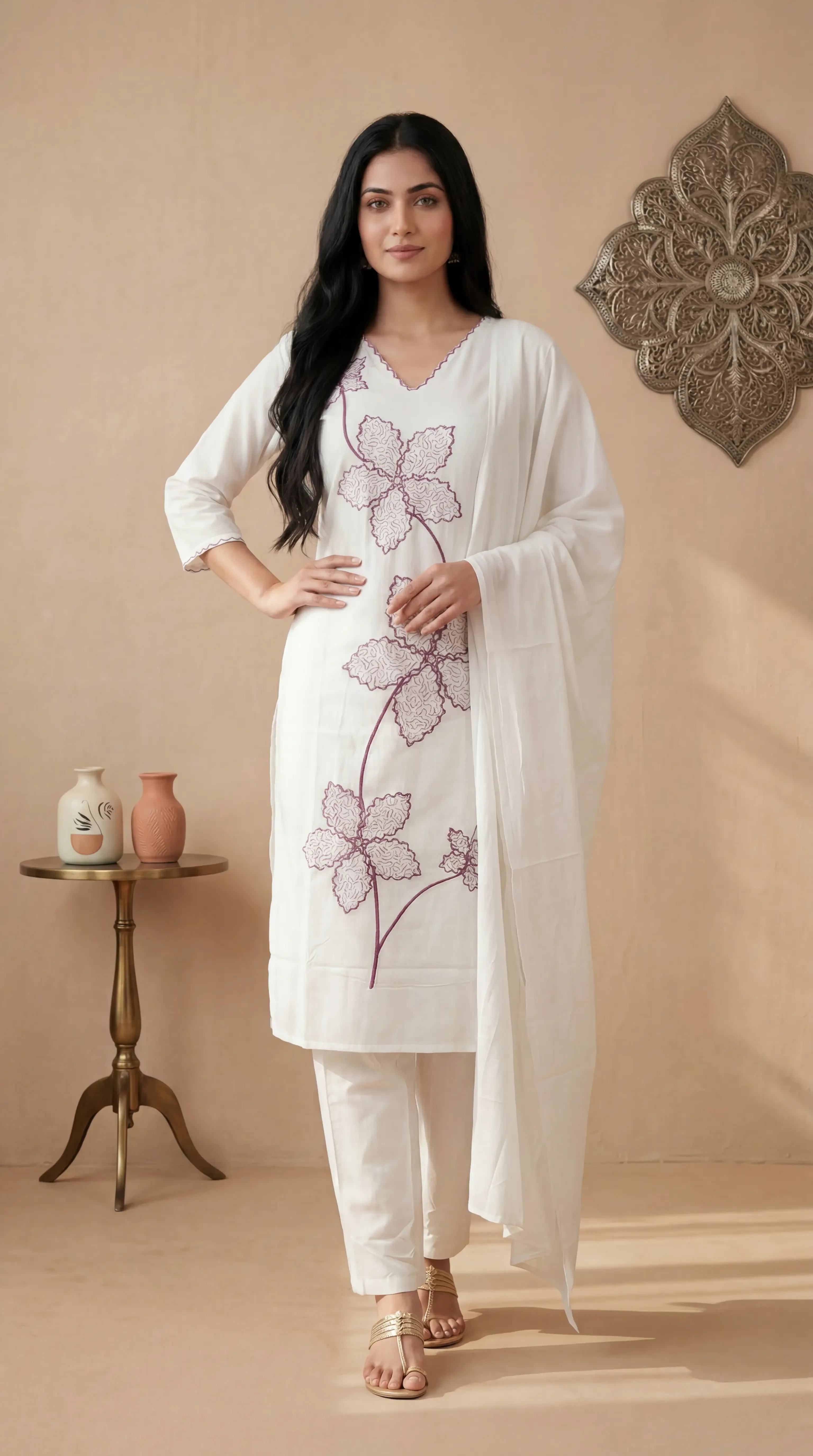 Cream 3pc Kurti set with Blue Embriodary
