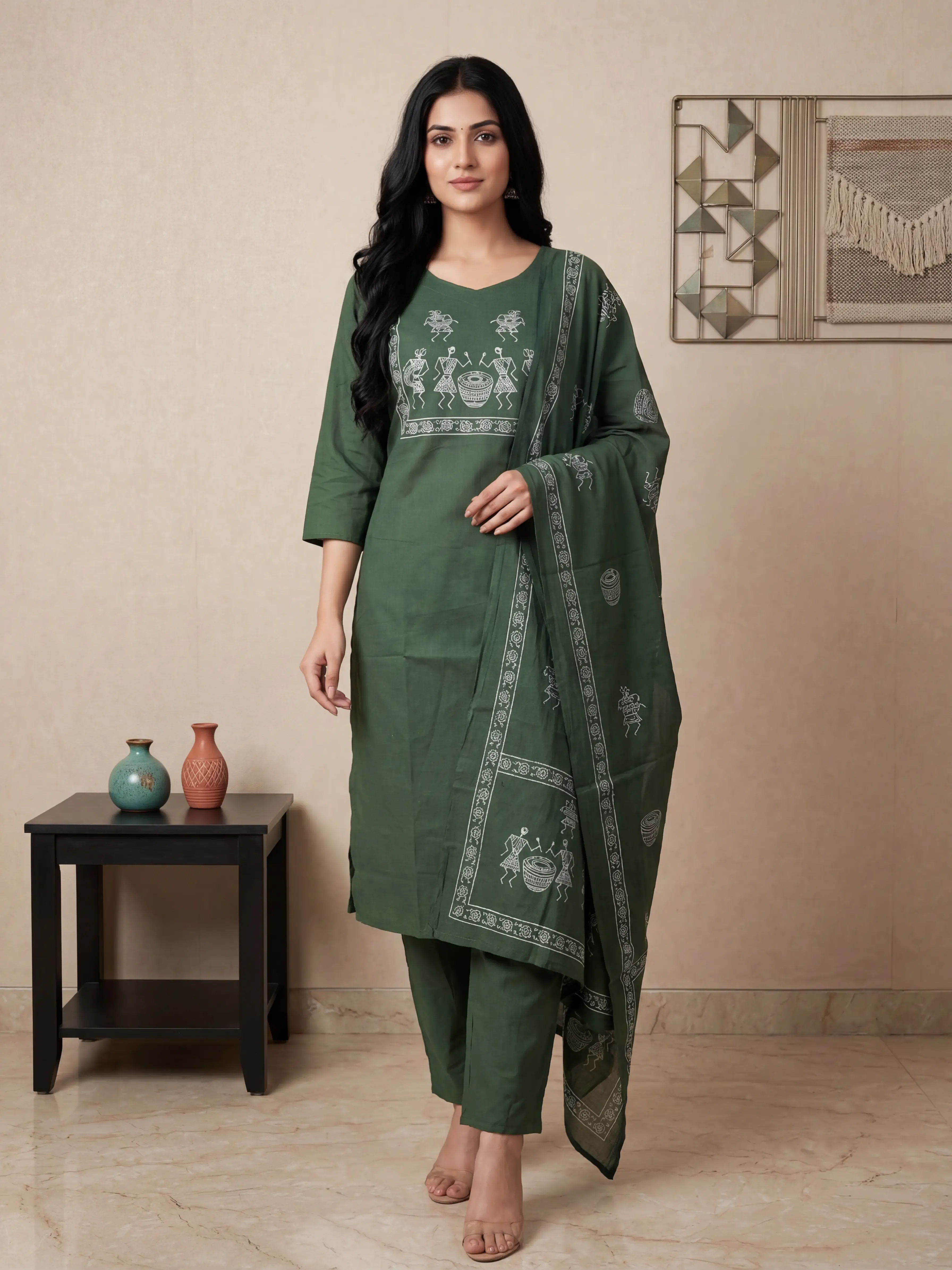 Green Cotton 3pc Kurti set