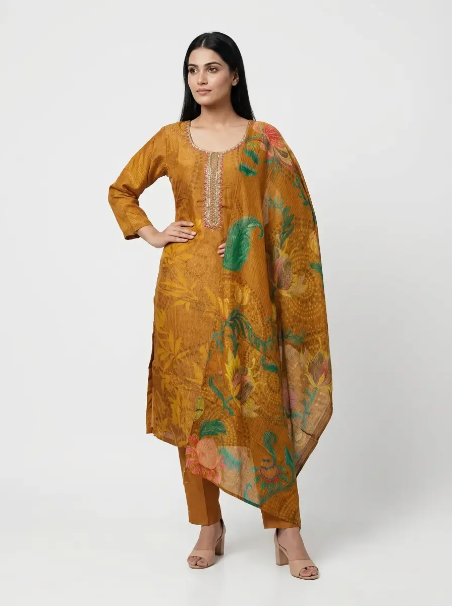 Rust Brown Floral Kurti 3pc Set