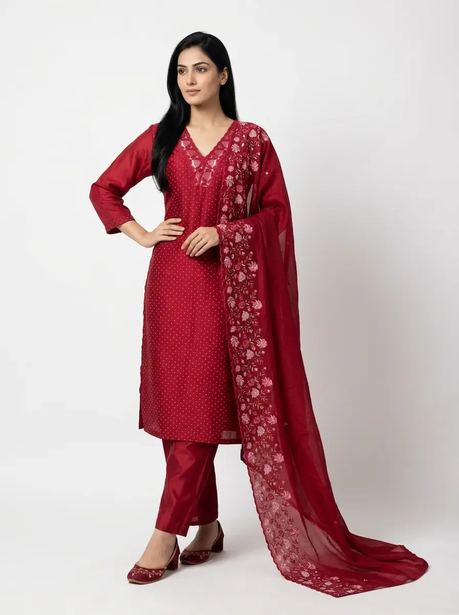 Maroon Embroidered Kurti 3pc Set