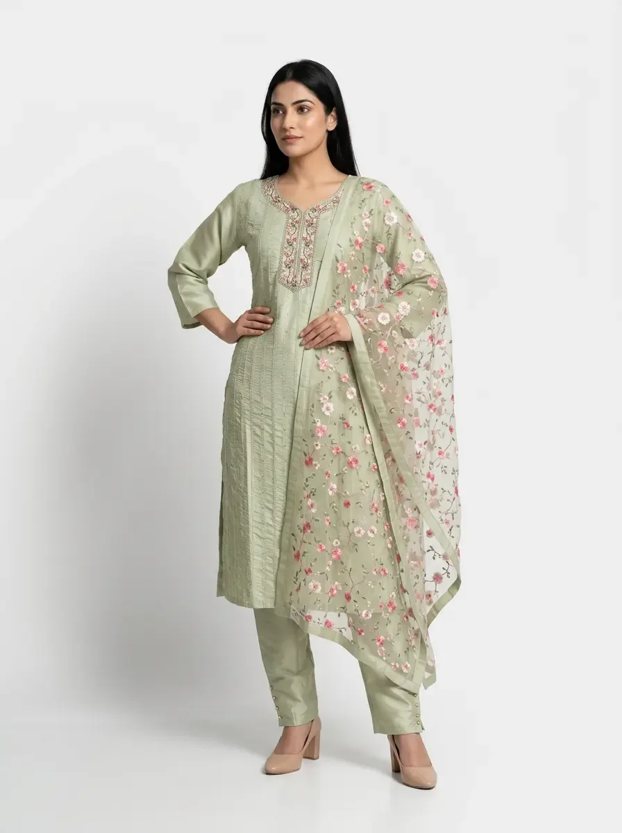 Sage Green Embroidered Kurti 3pc Set