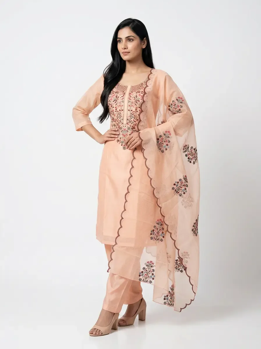 Peach Embroidered Kurti 3pc Set