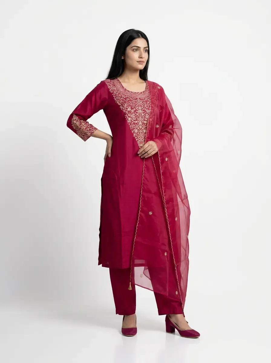 Wine Pink Embroidered Kurti 3pc Set