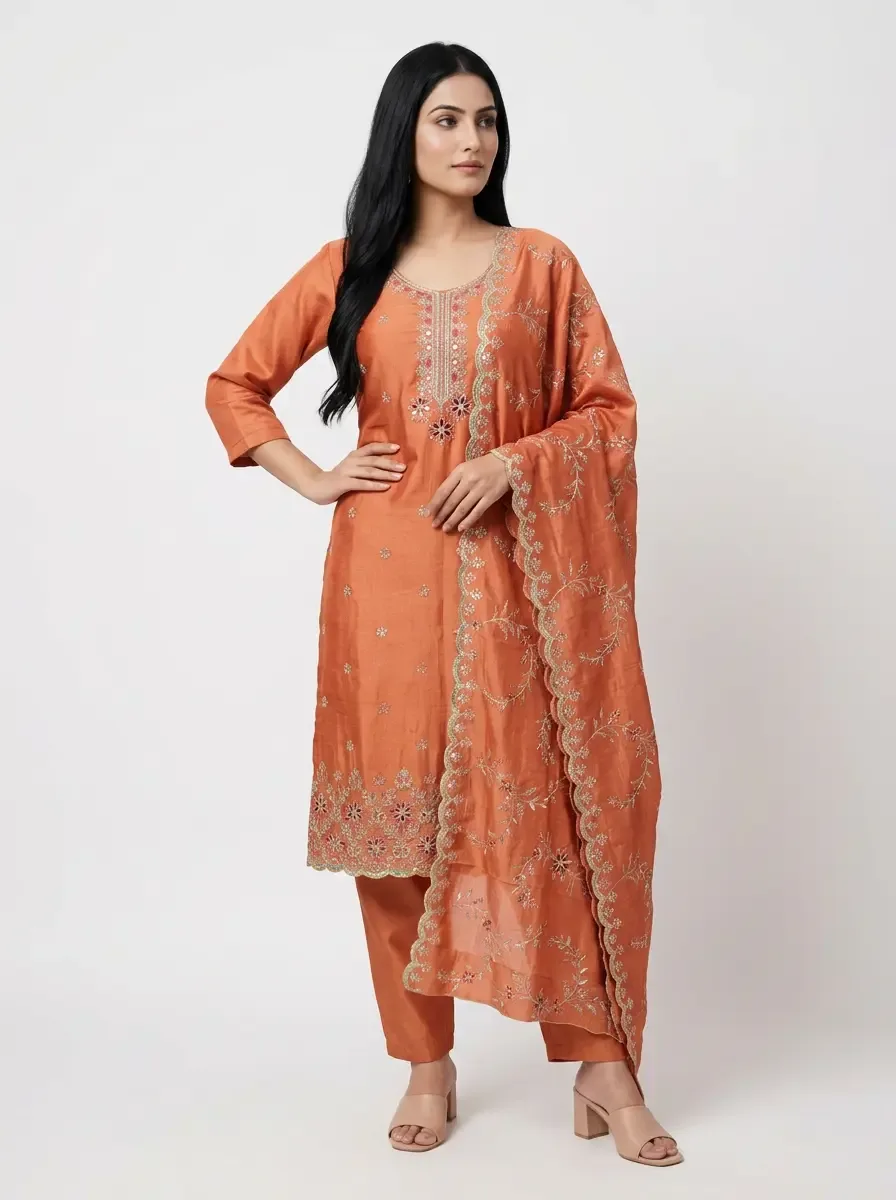 Peach Embroidered 3pc Kurti Set